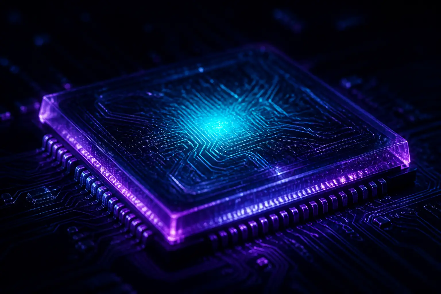 Advanced semiconductor package illuminated in electric blue